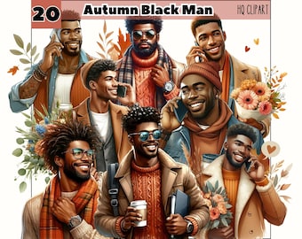 Watercolor Autumn Man Clipart, Fall Leaves PNG (Digital Download)