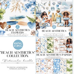 Bundle de cliparts esthétique plage aquarelle, plage plantes PNG, Clipart océan été, motifs sans couture, autocollants numériques, scrapbooking