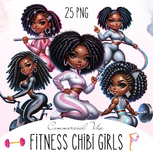 Remise en forme des cliparts filles Chibi, salle de sport filles PNG, planificateur fille clipart, magie de la femme noire, femme sportive noire, fille sportive amateur de sport des cliparts