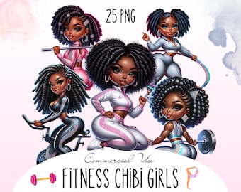 May include: Digital clipart set of five cartoon fitness girls with afro hairstyles. The girls are wearing different workout outfits and are engaged in various fitness activities, such as cycling, lifting weights, and using a hula hoop. The set includes 25 PNG files.
