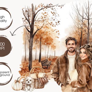 May include: Watercolor illustration of a couple in a park setting, with autumn foliage. The image includes a picnic basket, a small dog, and pumpkins. The words "High quality", "300 DPI", and "Transparent Background" are also included.