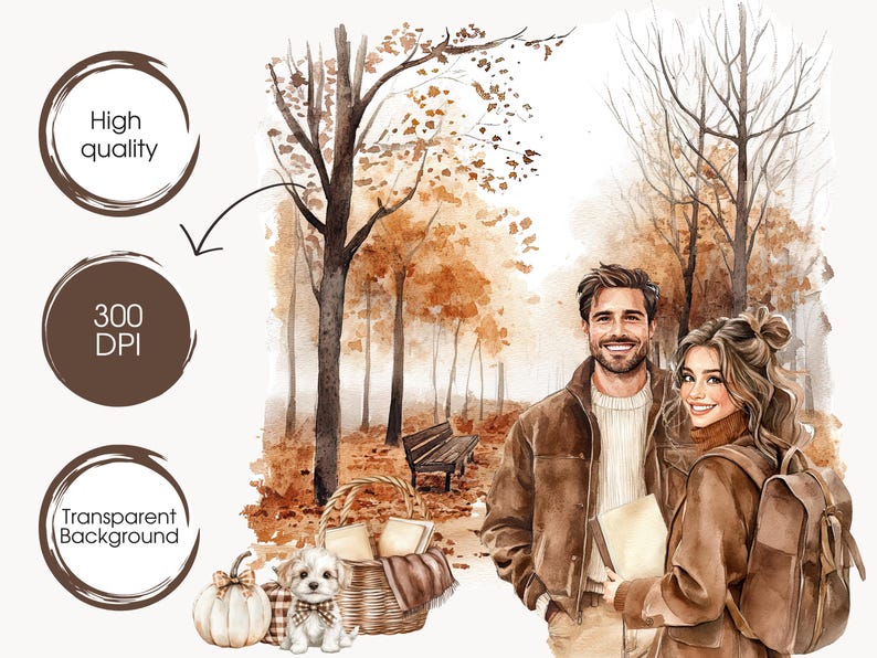 May include: Watercolor illustration of a couple in a park setting, with autumn foliage. The image includes a picnic basket, a small dog, and pumpkins. The words "High quality", "300 DPI", and "Transparent Background" are also included.