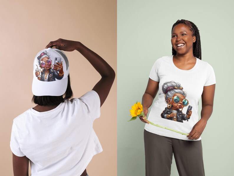 Pode incluir: Uma camiseta branca com uma ilustra&ccedil;&atilde;o de desenho animado de uma mulher usando &oacute;culos de sol e tirando uma selfie. A mulher tem cabelo grisalho e est&aacute; usando uma jaqueta de couro preta. A camiseta est&aacute; dispon&iacute;vel em uma variedade de tamanhos.