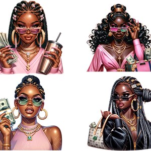 May include: Four digital illustrations of Black women with different hairstyles, wearing sunglasses, jewelry, and pink or black clothing. Each woman is holding money or a purse.