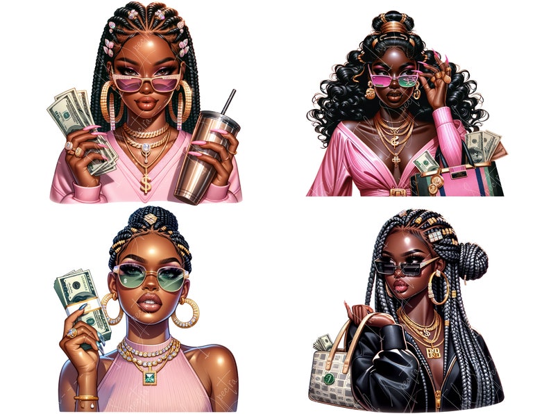 May include: Four digital illustrations of Black women with different hairstyles, wearing sunglasses, jewelry, and pink or black clothing. Each woman is holding money or a purse.