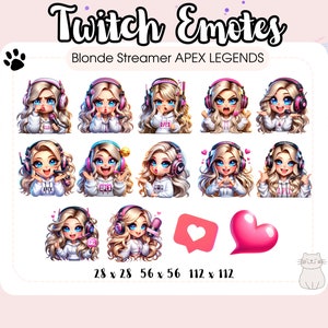 Può includere: Un set di 12 emote Twitch che mostrano una streamer bionda con diverse espressioni. Le emote sono di varie dimensioni, tra cui 28x28, 56x56 e 112x112 pixel. Le emote includono un cuore, un pollice in su e un viso pensante.