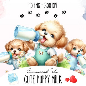Chiot bébé aquarelle avec clipart biberon, lait chiot mignon pour décoration de chambre d'enfant, chiot bébé chiot pour produits POD, lait chiot nouveau-né
