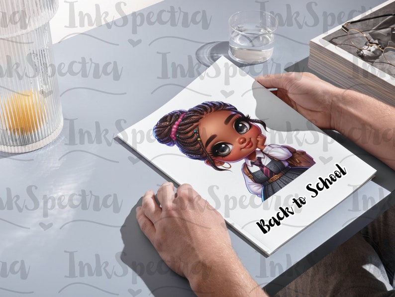 May include: A white notebook with a cartoon illustration of a young girl with brown skin, brown hair, and a blue and white school uniform. The text "Back to School" is printed in black on the notebook.