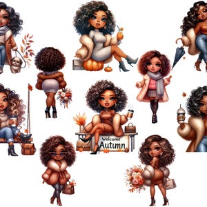 May include: A digital illustration of nine cartoon women with brown skin and curly hair wearing autumnal clothing. The women are depicted in various poses and settings, including a swing, a bench, and a pumpkin patch. The illustration features a warm color palette and a whimsical style.