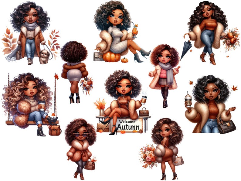 May include: A digital illustration of nine cartoon women with brown skin and curly hair wearing autumnal clothing. The women are depicted in various poses and settings, including a swing, a bench, and a pumpkin patch. The illustration features a warm color palette and a whimsical style.