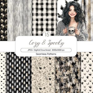 May include: Digital download of 15 seamless patterns with a cozy and spooky theme. The patterns include floral, striped, and checkered designs in black, white, and beige. A woman is holding a skull mug. The image includes the text "Cozy & Spooky".