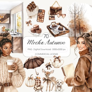 Puede incluir: Ilustración en acuarela con el tema "Mocha Autumn". Presenta a una mujer con una taza de café, accesorios como un bolso, una funda de teléfono y gafas de sol, y elementos temáticos de otoño como calabazas, un ciervo y un cachorro. Incluye texto: "70 Mocha Autumn PNG Digital Download 3000x3000 px COMMERCIAL LICENSE".
