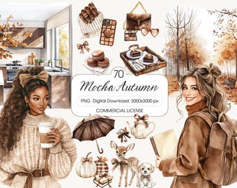 Watercolor Autumn Clipart, Mocha Cozy Fall PNG Stickers (Digital Download)