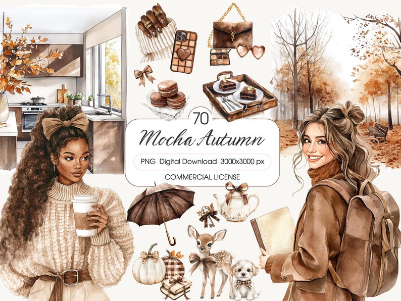 May include: Watercolor illustration with a "Mocha Autumn" theme. Features a woman with a coffee cup, accessories like a purse, phone case, and sunglasses, and autumn-themed elements such as pumpkins, a deer, and a puppy. Includes text: "70 Mocha Autumn PNG Digital Download 3000x3000 px COMMERCIAL LICENSE".