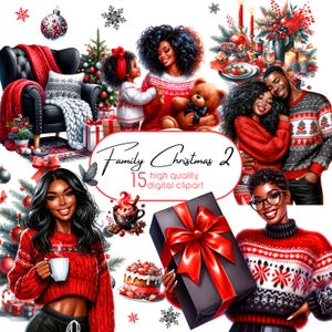 Gezellige familie kerst clipart, zwarte meid clipart, afro meisjes clipart, getrouwd stel nieuwjaar, zwarte vrouw clipart, winter clipart