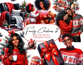 Cozy Family Christmas Clipart, Black Girl Clipart, Afro Girls Clipart, Married couple New Year, Black Woman Clipart, Winter Clipart