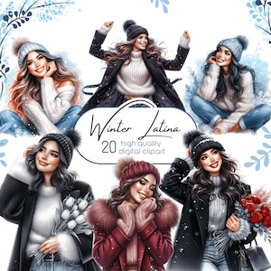 Aquarel winter Latina clipart, kerst clipart, meisje met bloemen, Snowy Girl, Fashion Latina Girl, digitale stickers direct downloaden