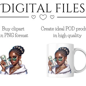 May include: Digital illustration of a woman with braided hair wearing sunglasses and a white jacket, holding a stack of money. The image is suitable for use on mugs, t-shirts, and other products.