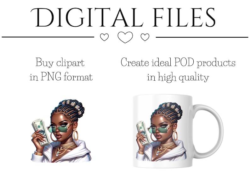 May include: Digital illustration of a woman with braided hair wearing sunglasses and a white jacket, holding a stack of money. The image is suitable for use on mugs, t-shirts, and other products.