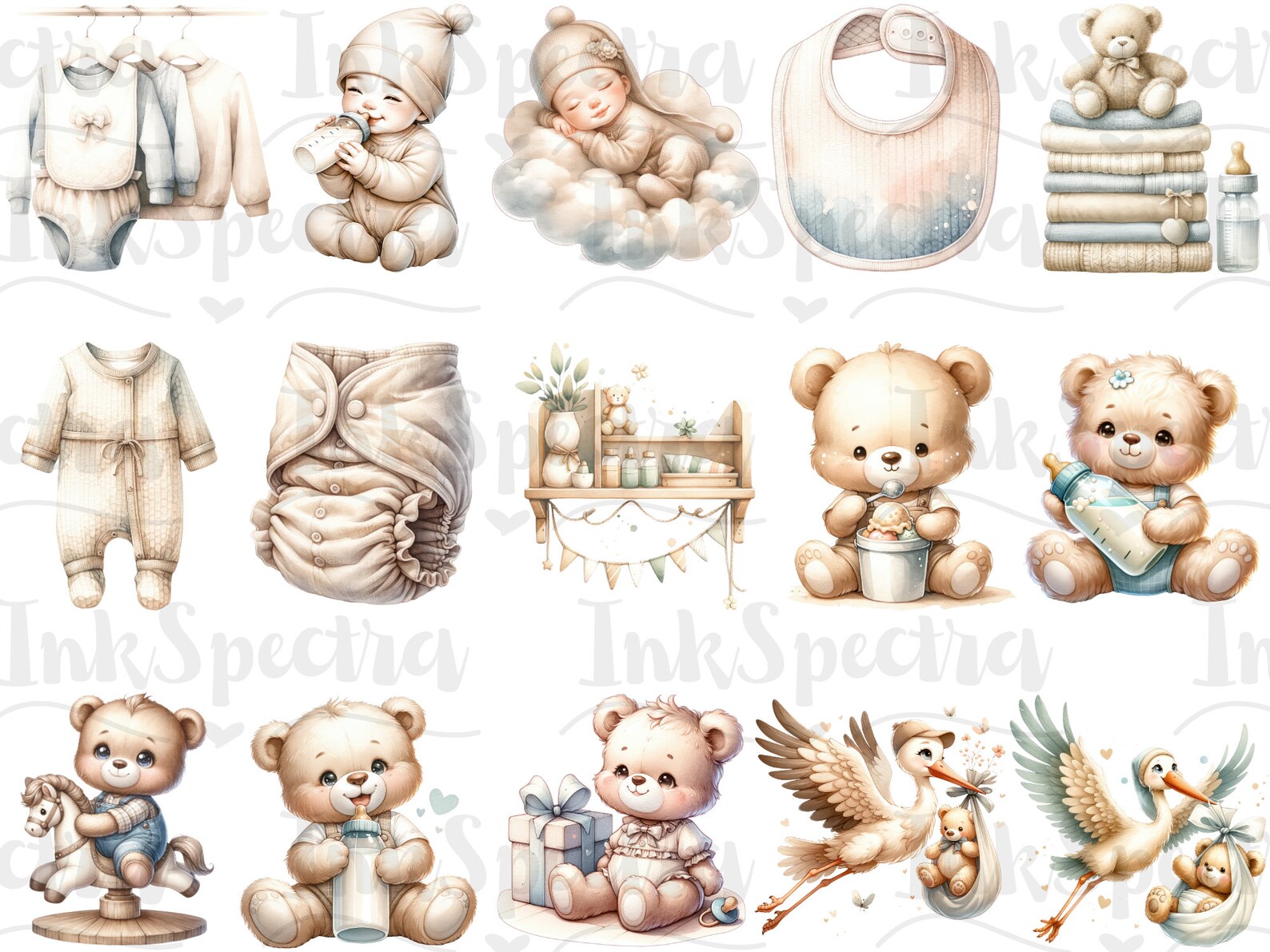 Watercolor Gender Neutral Baby Shower Clipart, Teddy Bear Clipart ...