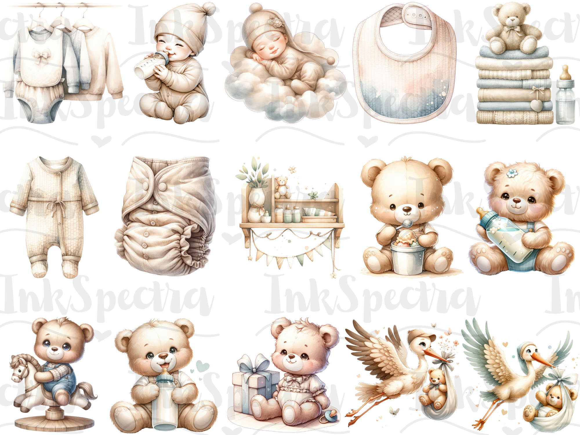 Watercolor Gender Neutral Baby Shower Clipart, Teddy Bear Clipart ...