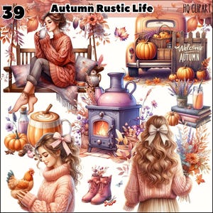 Bundle de cliparts automne rustique aquarelle, clipart automne PNG, Images automne douillet, Cottagecore, citrouille, téléchargement numérique, Stickers fille rustique