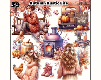 Watercolor Autumn Clipart Bundle, Rustic Cottagecore PNG (Digital Download)