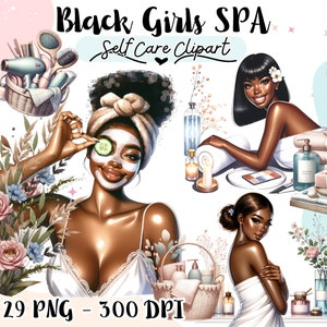 Ensemble de cliparts soins personnels, cliparts SPA de filles noires, clipart journée de spa PNG, clipart fille planificateur, journée de détente au spa, lot de magie femme noire