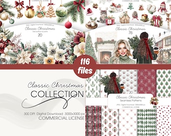 May include: A digital download graphic set with a Christmas theme. The image includes watercolor illustrations of ornaments, floral arrangements, and festive scenes. Text includes "Classic Christmas Collection" and "116 files".