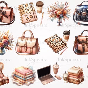 Pu&ograve; includere: Una collezione di oggetti illustrati che includono una borsa a mano in pelle rosa, un taccuino con stampa leopardata, un mazzo di fiori, una borsa a mano in pelle nera con stelle, una borsa a mano in pelle rosa con fibbia, un taccuino con stampa leopardata, una pila di libri, un laptop, un paio di stivali rosa con pelliccia, un telefono e una tazza di caff&egrave;.