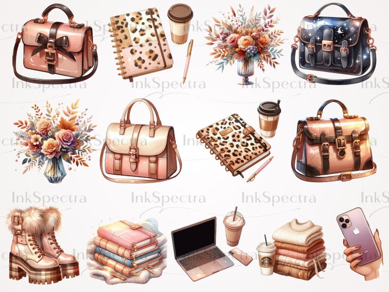 Pu&ograve; includere: Una collezione di oggetti illustrati che includono una borsa a mano in pelle rosa, un taccuino con stampa leopardata, un mazzo di fiori, una borsa a mano in pelle nera con stelle, una borsa a mano in pelle rosa con fibbia, un taccuino con stampa leopardata, una pila di libri, un laptop, un paio di stivali rosa con pelliccia, un telefono e una tazza di caff&egrave;.