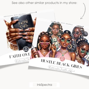 May include: Digital watercolour clipart featuring 13 illustrations of Black women with braids and sunglasses. The women are holding money and wearing stylish outfits. The text "Hustle Black Girls" is included in the image.