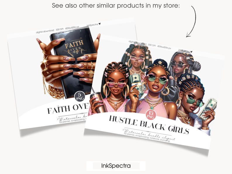 May include: Digital watercolour clipart featuring 13 illustrations of Black women with braids and sunglasses. The women are holding money and wearing stylish outfits. The text "Hustle Black Girls" is included in the image.