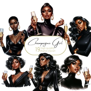 Chica de fiesta con champán, chica negra a la moda, chicas glamurosas de Año Nuevo, negro y dorado, chica navideña, champán