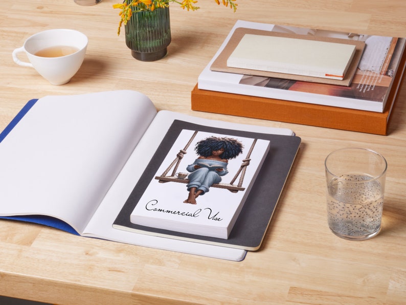 May include: A black and white illustration of a woman sitting on a swing and reading a book. The illustration is on a white background with the text "Commercial Use" printed below it.