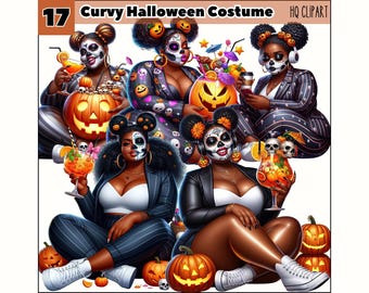May include: Four women in Halloween costumes with sugar skull makeup, holding pumpkins and cocktails. The women are wearing black and white striped clothing, black jackets, and white tops. The image is titled "Curvy Halloween Costume" and has the text "HQ CLIPART" in the top right corner.
