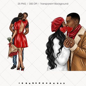 May include: Digital illustration of two couples in romantic poses. One couple is embracing, the woman in a red dress holding a bouquet of roses. The other couple is kissing, holding heart-shaped lollipops, the woman wearing a red beret.