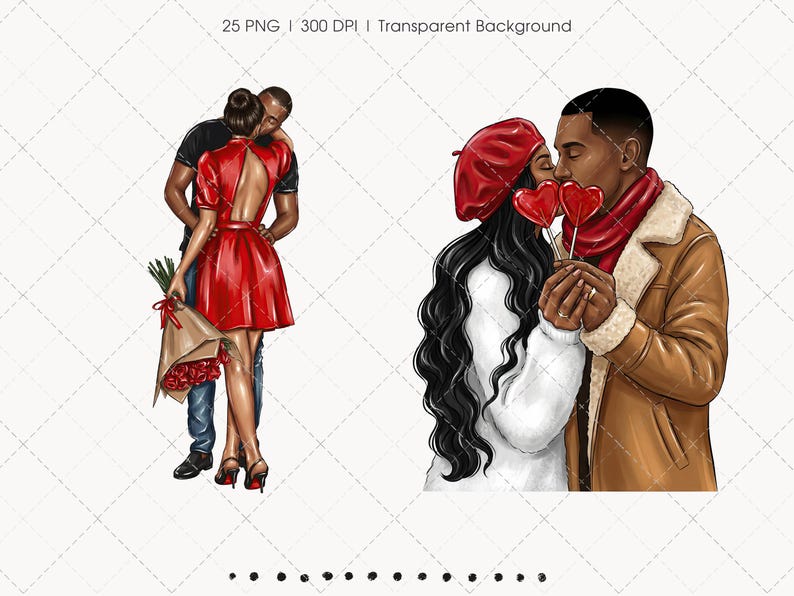 May include: Digital illustration of two couples in romantic poses. One couple is embracing, the woman in a red dress holding a bouquet of roses. The other couple is kissing, holding heart-shaped lollipops, the woman wearing a red beret.