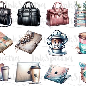 May include: A set of digital planner and office supplies clipart featuring a black leather briefcase, a pink leather handbag, a black leather laptop bag, a floral patterned notebook, a geometric patterned notebook, a coffee cup with the text "Boss Lady", a coffee cup with the text "I'm the Boss Lady", a laptop with a floral design, a laptop with a geometric design, a laptop with a floral design, and a coffee cup with a blue and pink swirl design.