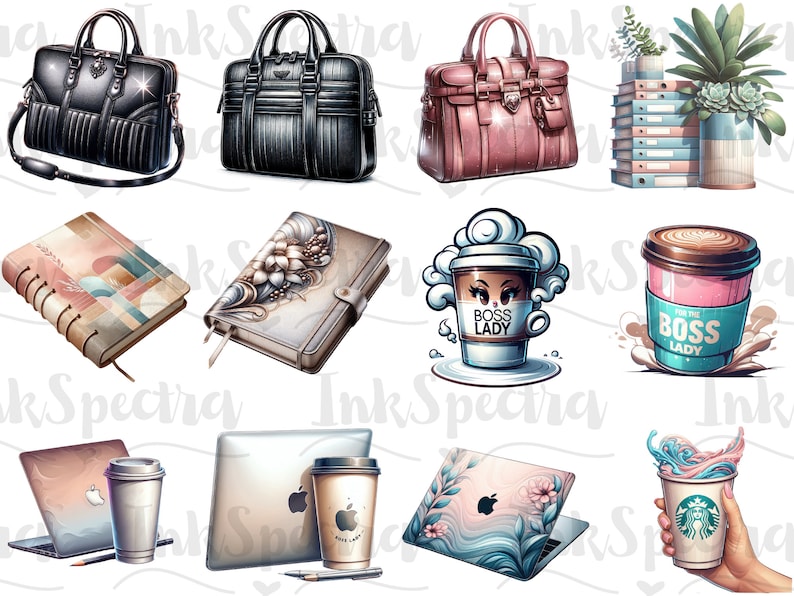 May include: A set of digital planner and office supplies clipart featuring a black leather briefcase, a pink leather handbag, a black leather laptop bag, a floral patterned notebook, a geometric patterned notebook, a coffee cup with the text "Boss Lady", a coffee cup with the text "I'm the Boss Lady", a laptop with a floral design, a laptop with a geometric design, a laptop with a floral design, and a coffee cup with a blue and pink swirl design.