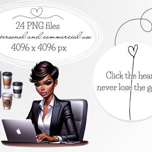 Op de afbeelding: Een digitale illustratie van een vrouw met kort zwart haar die aan een bureau zit met een laptop en koffiebekers. De tekst "24 PNG files For personal and commercial use 4096 x 4096 px" staat in een witte ovale vorm boven de vrouw. De tekst "Click the heart, never lose the goods" staat in een witte cirkel met een hart bovenaan.