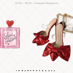 May include: Illustration of a pink "Love Potion" bottle with a heart-shaped stopper, red high heels with large bows, and a clear handbag with gold chain. The bottle reads "Crush Inducing" and "Love Potion".