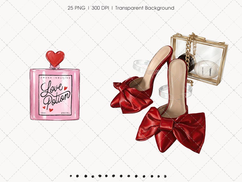 May include: Illustration of a pink "Love Potion" bottle with a heart-shaped stopper, red high heels with large bows, and a clear handbag with gold chain. The bottle reads "Crush Inducing" and "Love Potion".