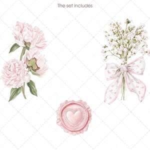May include: Watercolor illustration featuring a set of floral elements. Includes pink peonies, a bouquet of white flowers tied with a pink ribbon, and a pink wax seal with a heart design. The text "The set includes" is at the top.