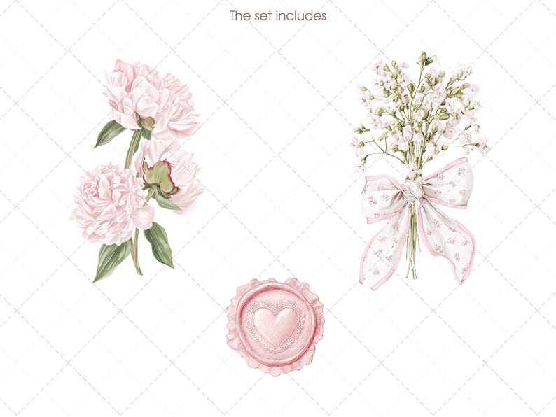 May include: Watercolor illustration featuring a set of floral elements. Includes pink peonies, a bouquet of white flowers tied with a pink ribbon, and a pink wax seal with a heart design. The text "The set includes" is at the top.