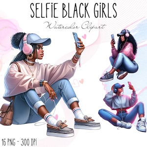 ファッション セルフィー 黒人少女 クリップアート、かわいいアフロ ガール PNG、iPhone を持ったデジタル ガール、セルフィー フォン 黒人女性 ウォール アート、都会的なシックな黒人少女