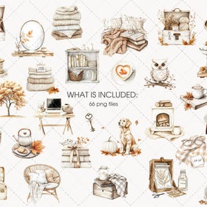 May include: Watercolor illustrations of cozy autumn elements, including stacks of blankets, books, a laptop, and a golden retriever. Other items include a fireplace, coffee cup, and a basket of apples. The text "WHAT IS INCLUDED: 66 png files" is also present.