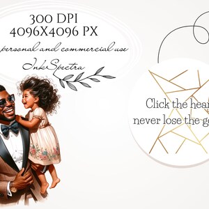 May include: A digital illustration of a father and daughter. The father is wearing a brown suit with a black bow tie and sunglasses. The daughter is wearing a white dress with floral accents. The image has a gold geometric design with the text "Click the heart, never lose the goods".