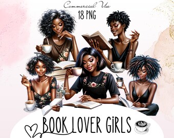 Black Girl Reading Clipart: Book Lover PNG Stickers (Digital Download)