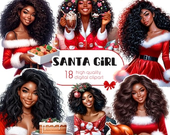 Clipart père Noël aquarelle, clipart fille de Noël, magie fille noire, l'heure du café, nourriture de Noël, scrapbooking, fille de Noël à la mode